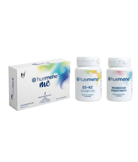 huemeno® me, MagnesiumBisglycinate og D3+K2 saman. Sölustaðir eru apótek um allt land.